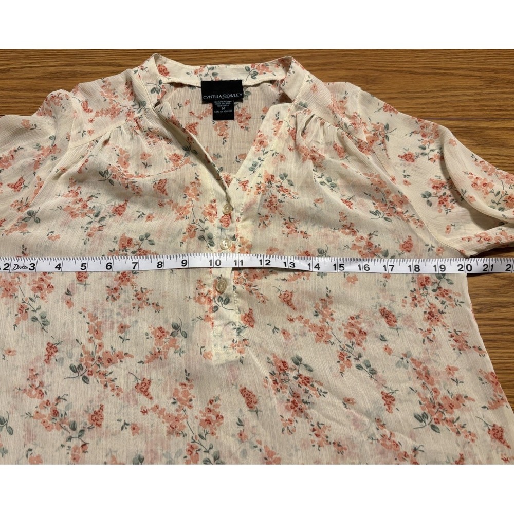 Cynthia Rowley Women's Sheer Pink Peach Floral Print 3/4 Button Down Shirt Sz M - Picture 7 of 9